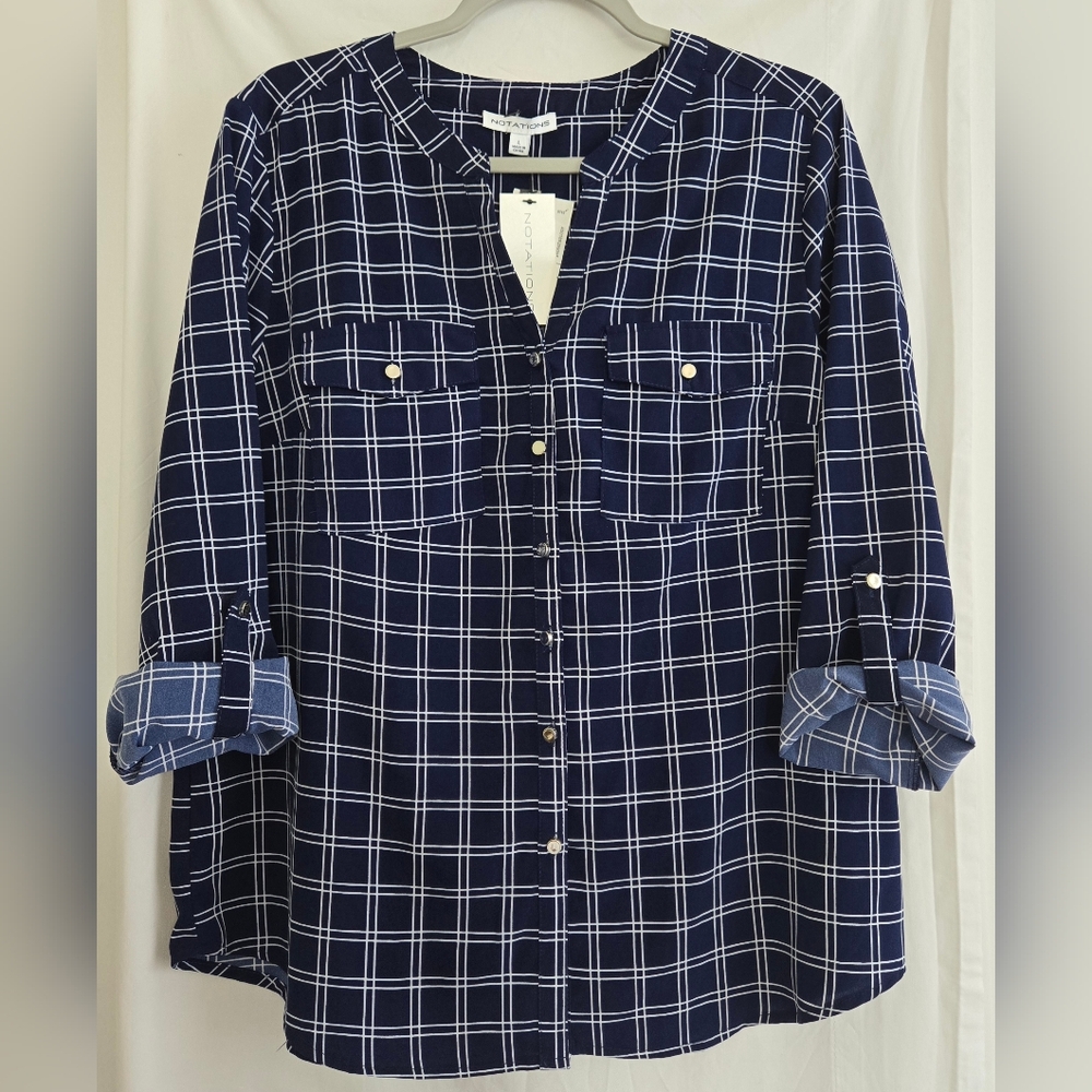 Navy Blue Window Pane Plaid Button-Up Shirt